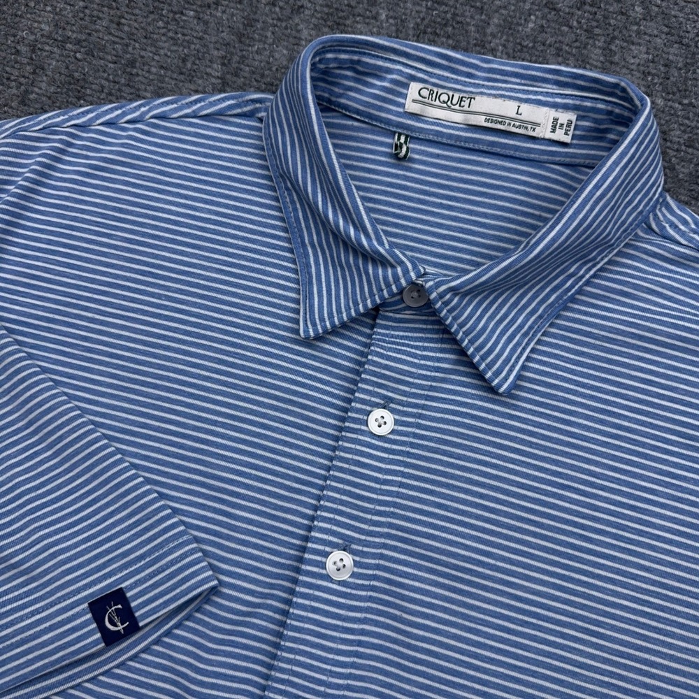 Criquet Performance Range Polo Shirt Men's Large Blue White Striped Short Sleeve